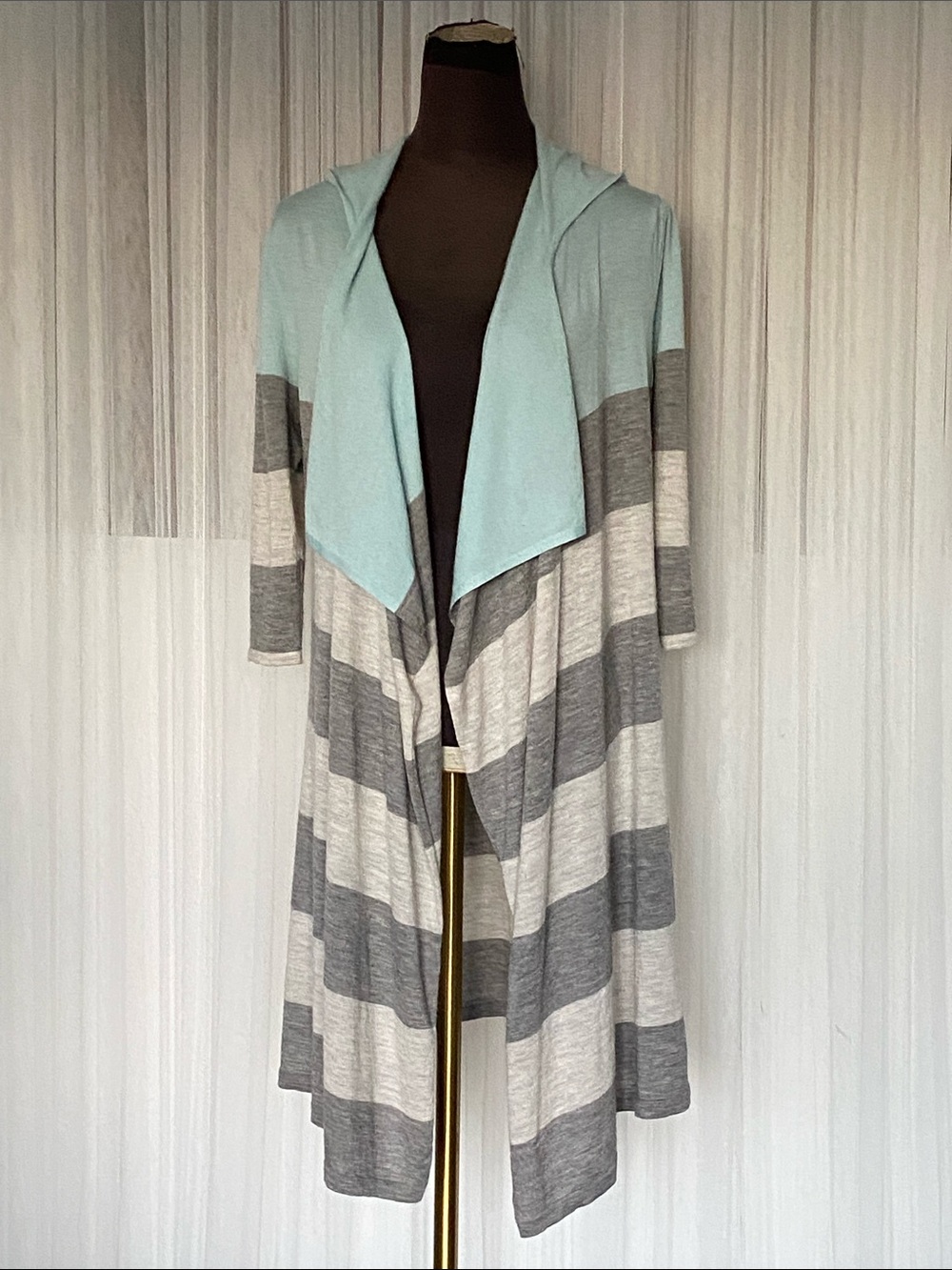 Autumn Cashmere Open-Front Hooded Long Cardigan - Aqua Blue and Gray Size L